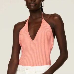 Gauge81 Moura Halter Plunge V-Neck Rib Knit Open Tie Back Top Coral Sz XS